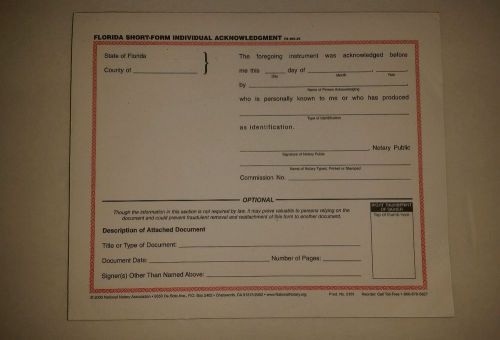 Florida Short-Form Individual Acknowledgment New and Free Shipping