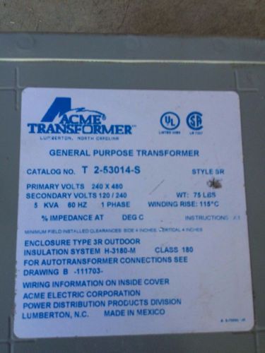 Acme T-2-53014-S Transformer 5KVA 240X480VAC Primary 120/240VAC Secondary