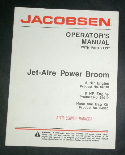 Jacobsen jet-aire power broom operator&#039;s manual w/ parts list - 5/8 hp engine for sale