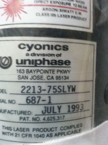 Cyonics Uniphase Model 2213-75SLYW Argon Ion Laser - Used