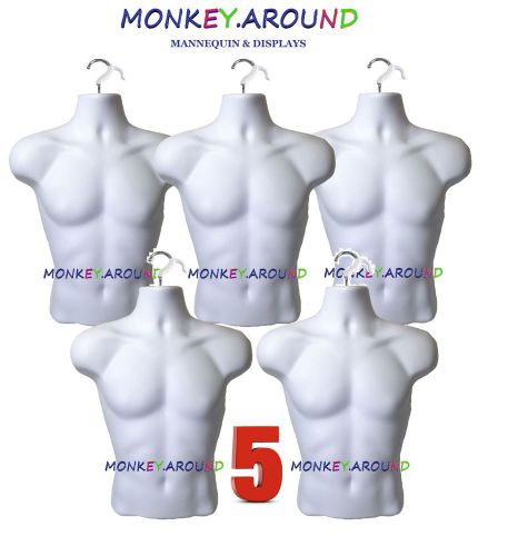 5 Mannequin MALE White Body Forms Display Clothing Polo Shirts + w/hook Hanging