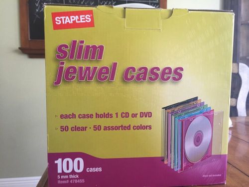 NIB New Staples Assorted 100 Slim Jewel CD DVD Cases 50 Clear 50 Colors 5 MM
