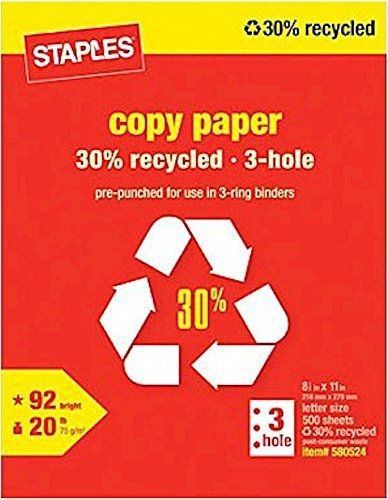 Staples 3-Hole Punch 30% Recycled Copy Fax Laser Inkjet Printer Paper, 8 1/2 x