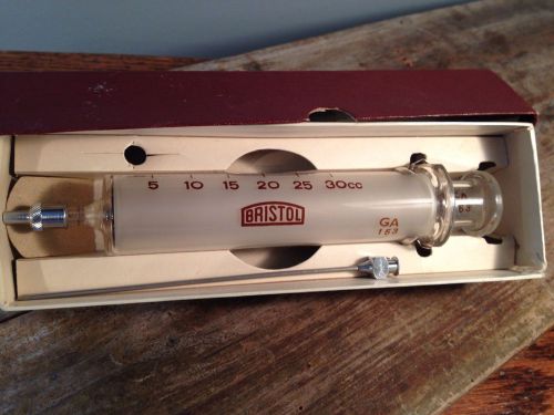 Vintage bristol luer glass tip hypodermic syringe 30cc &amp; needle in box for sale