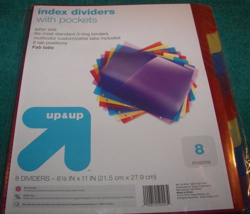 UP &amp; UP--8 Index Dividers w/Large Pockets Fits 3 Ring Binder New in Package
