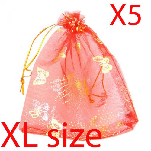 x5 XL red gold butterfly organza gift candy bags jewellery favour pouches wrap