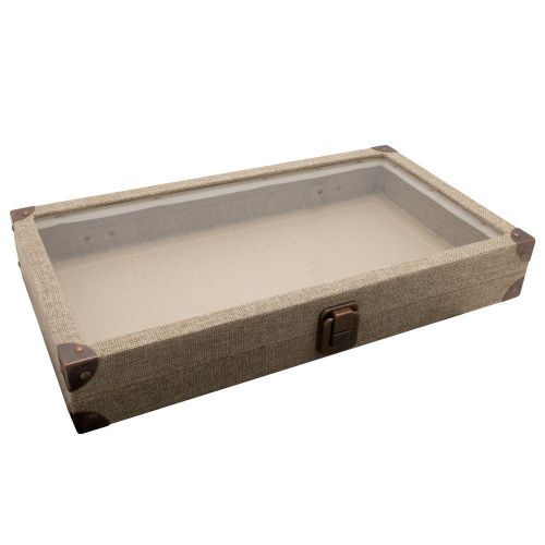 Burlap glass top wooden case jewelry box display case with flat liner showcase for sale