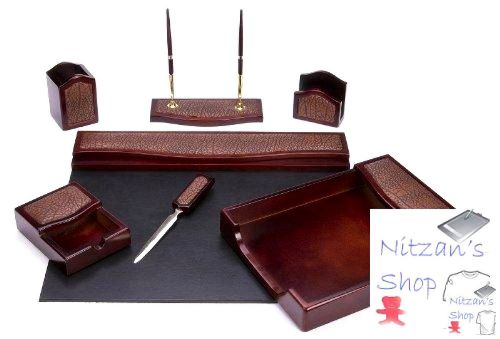 NEW Majestic Goods Seven-Piece Brown Mahogany Wood and PU Desk Set