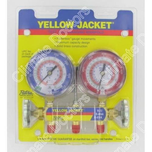 Yellow Jacket 42001 Manifold with 3-1/8&#034; Color-Coded Gauges, psi, New