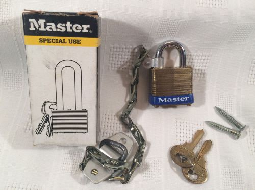 Master lock special use padlock with chain, mounting set, &amp; 2 keys in box for sale