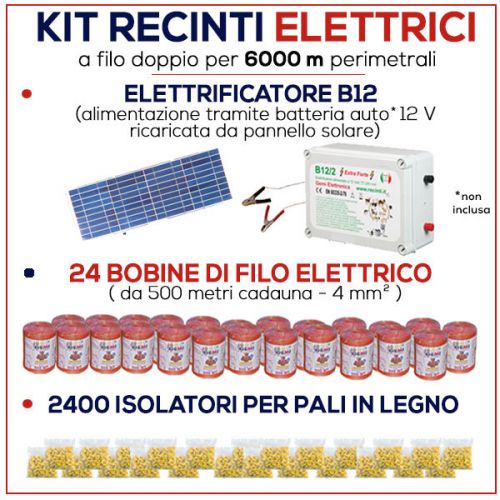 Electric fence kit for 6000 mt - energizer b/12 + solar panel + wire +insulators for sale