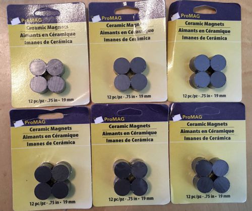 ProMAG Ceramic Magnets 72 Pieces (6 pks of 12) 3/4&#034; (.75&#034;) ROUND 3/16&#034; thick NEW