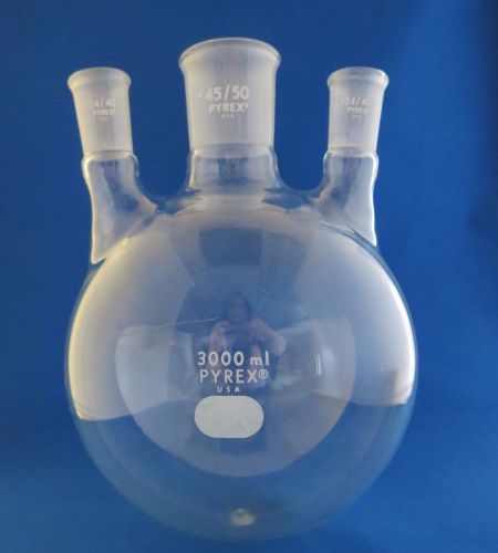 Pyrex 3000ml 3 neck round bottom distilling flask  45/50 &amp;  24/40 for sale