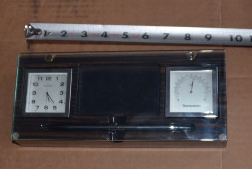 BULOVA B2572 DESK  CLOCK THERMOMETER AND CARD HOLDER + PEN. TEMPERED GLASS COVER