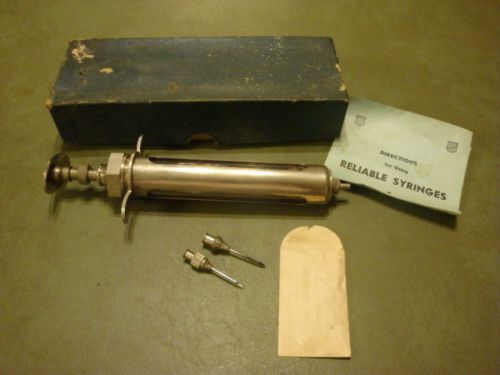 Vintage large champion metal/glass veterinary syringe 40 c.c. w/needles #507/40 for sale