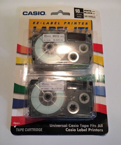 NOS Casio Label It 2 Pack Cartridge 18mm White Tape Black Ink XR-18WE2s