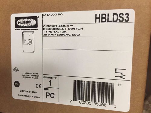 Hubbell HBLDS3 Circuit Lock Disconnect Switch 30A, 600VAC New In Box. Free Ship