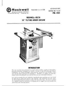 1969 1970 Rockwell 10&#034; Tilting Arbor Saw (Unisaw) PM-1501 Instruct Maint Manual