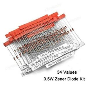 Zener Diode Assorted Kit 0.5W 2V-47V Lead Free 34 Value Electronic Component Set