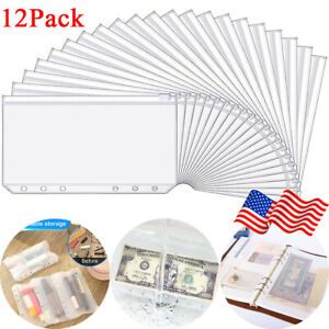 12Pcs Zipper Binder Pockets Clear PVC A6 Size Pouches 6 Holes for File Notebooks