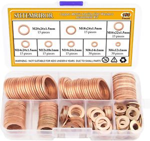Sutemribor 150PCS 8 Sizes Copper Metric Sealing Washers Flat Washers Assortment