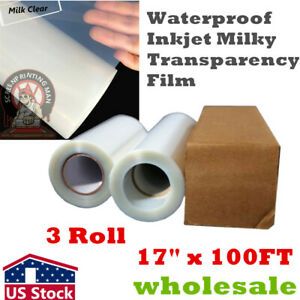 US 3 Roll Waterproof Inkjet Milky Transparency Film for Silk Screen 17&#034; x 100FT