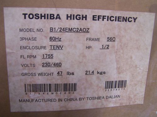 BRAND NEW TOSHIBA 1/2 hp 230/460v Electric Motor B1/24EMC2AOZ 56C Frame 1755 RPM