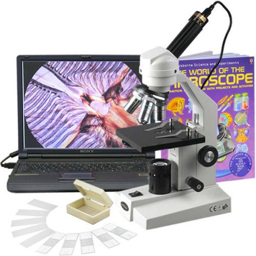 40X-1000X Sturdy Student Compound Microscope + USB Camera, Slide Kit and Book