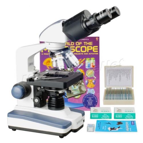 Biological LED Binocular Microscope 40-2500X+25 Prepared &amp; 100 Blank Slides+Book