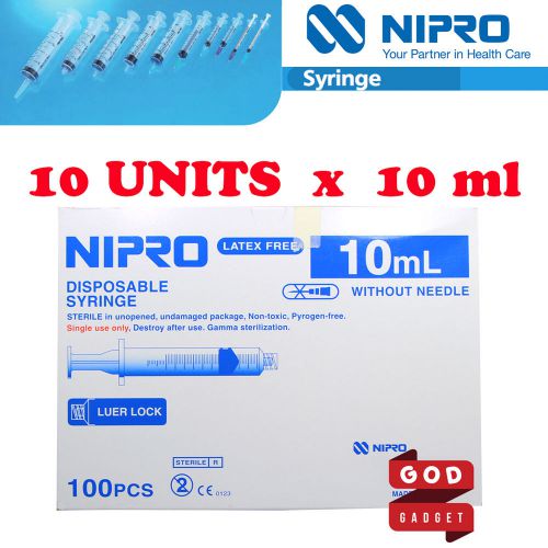 10 x 10ml cc nipro syringe luer lock tip hypodermic sterile latex free no needle for sale