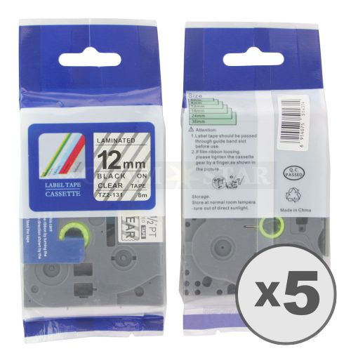 5pk transparent on black tape label for brother p-touch tz tze 131 12mm 1/2&#034; for sale