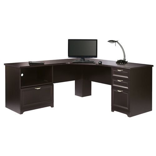 Contemporary realspace magellan l shaped computer office desk espresso drawers for sale