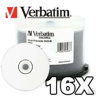 50 Verbatim 95078 16x DVD-R White Inkjet Printable Blank Recordable DVD Media