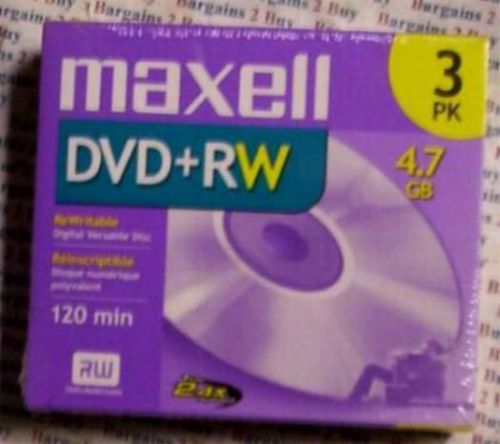 Pkg of 3-maxell dvd+rw,4.7gb,for pc or home video use-#634015-1x to 2.4x-nib-nr for sale