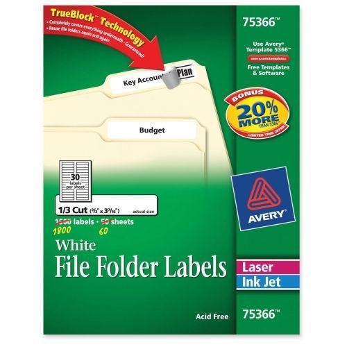 Avery TrueBlock File Folder Label -0.67&#034;Wx3.44&#034;L -1800/Bx - Laser,Inkjet