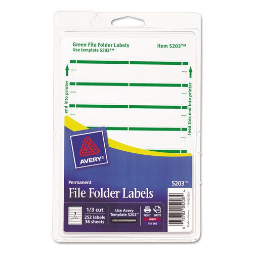 Print or Write File Folder Labels, 11/16 x 3-7/16, White/Green Bar, 252/Pack