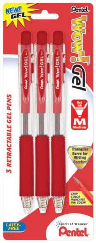 Pentel Wow! Gel Retractable Gel Pen (0.7mm) Medium Line Red Ink 3 Pack Carded
