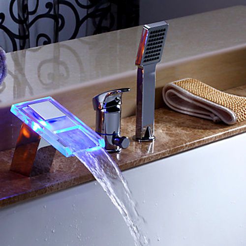 Modern 3 Parts LED Waterfall Roman Tub Faucet with Handshower Tap Free Shipping