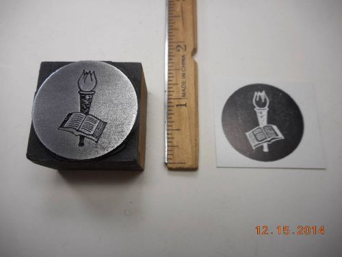Letterpress Printing Printers Block, Open Book with Torch of Knowledge