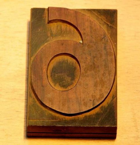 Fancy number: 6 old wooden letterpress printing block wood type printer antique for sale
