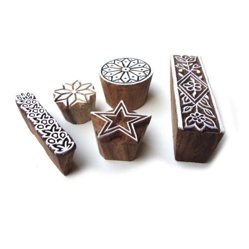 Mix Floral Hand Carved Wooden Tags for Block Printing from India (Set of 5)