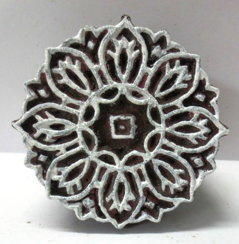 Vintage wooden hand carved textile printing on fabric block stamp round carving for sale