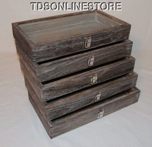 Rustic Antique Coffee Color Wood Glass Top Display Cases Package Of 5