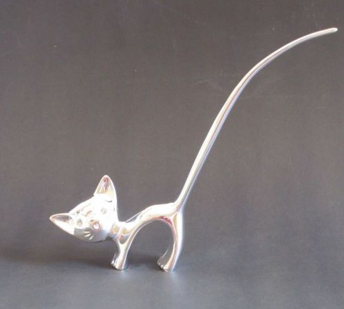 Silver plated standing arched cat with very long tail  ring holder for sale