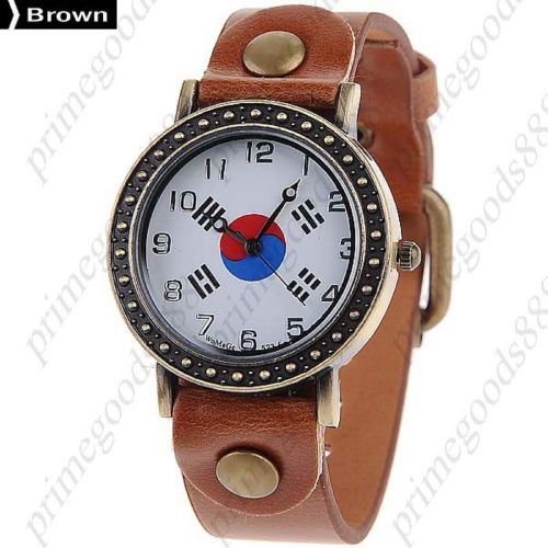 South korea flag synthetic leather lady ladies quartz wristwatch women&#039;s brown for sale