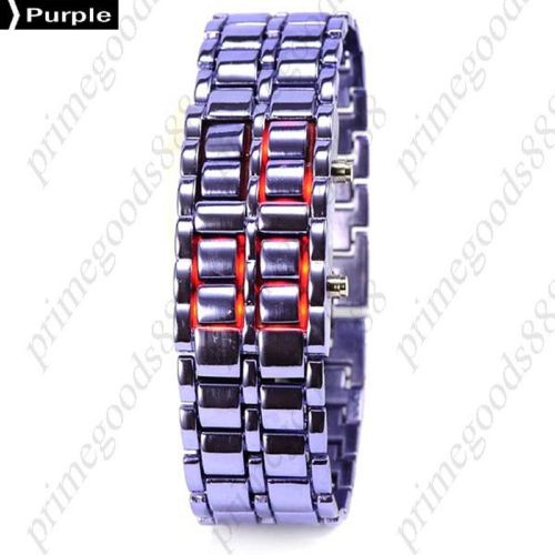 Unisex Digital Red LED Wrist Wristwatch Alloy Band Faceless Bracelet in Purple