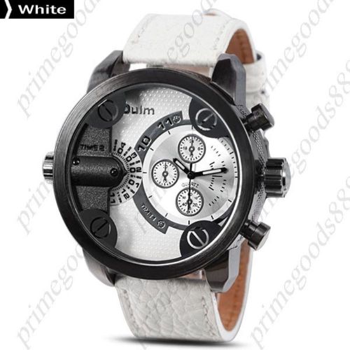 2 Time Zone Big Dial Quartz Analog Leather Men&#039;s Wristwatch Free Shipping White