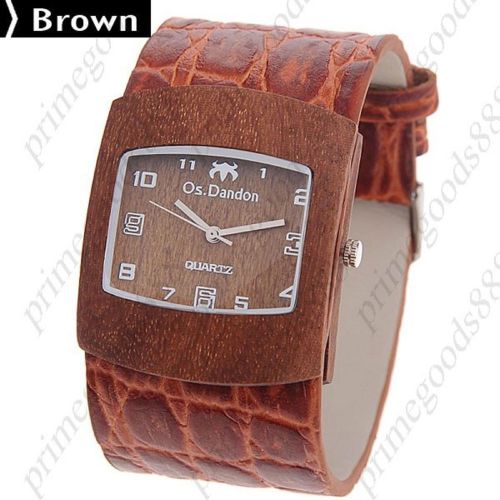 Square Wood Wooden PU Leather Lady Ladies Wrist Quartz Wristwatch Women&#039;s Brown