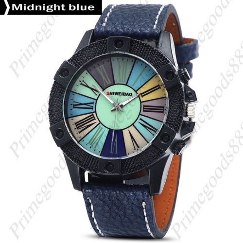 Roman Numerals Print Dial Leather Quartz Wrist Wristwatch Men&#039;s Midnight Blue