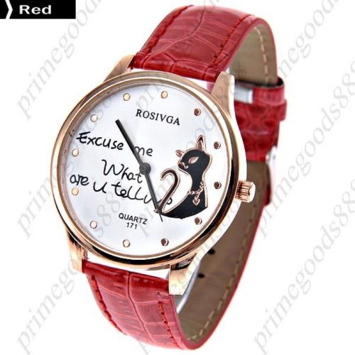 Cat Round Case PU Leather Quartz Wrist Wristwatch Free Shipping Women&#039;s Red